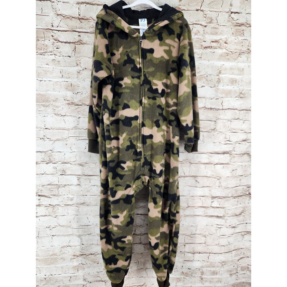 PJ Place Boys One Piece Pajamas Size Small 5/6 Camo Print With Hood Fleece
